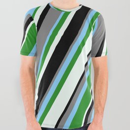 [ Thumbnail: Gray, Light Sky Blue, Forest Green, Mint Cream & Black Colored Striped Pattern All Over Graphic Tee ]