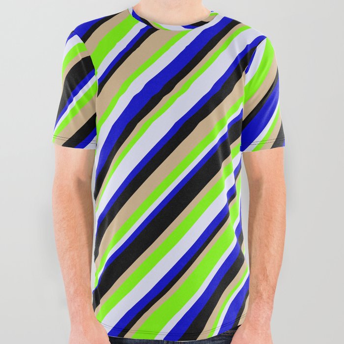 Eye-catching Green, Lavender, Blue, Black, and Tan Colored Lined/Striped Pattern All Over Graphic Tee