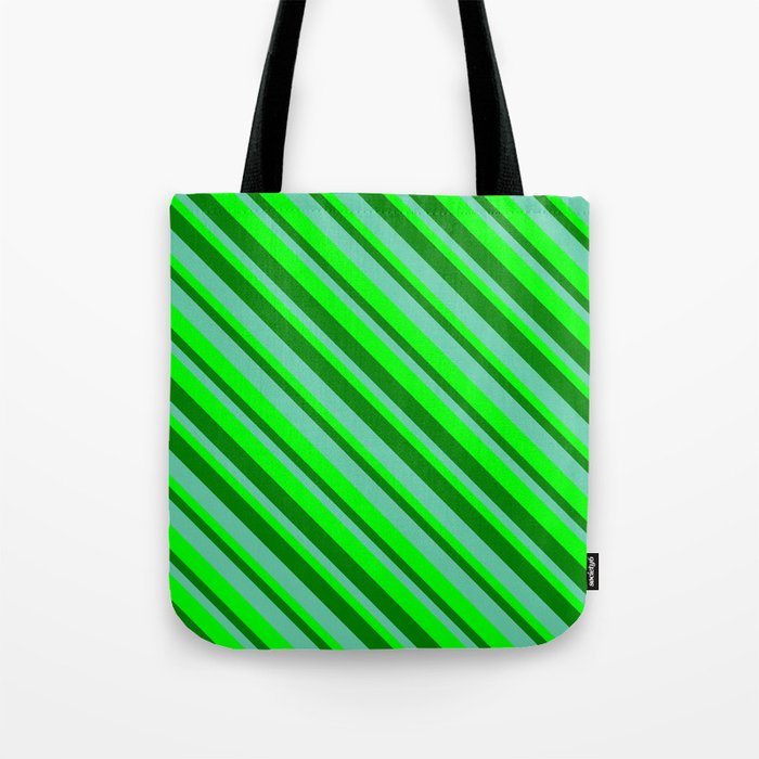 Green, Aquamarine & Lime Colored Striped Pattern Tote Bag