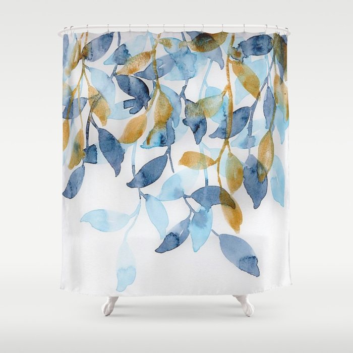Blue and Gold watercolor leaves painting Shower Curtain