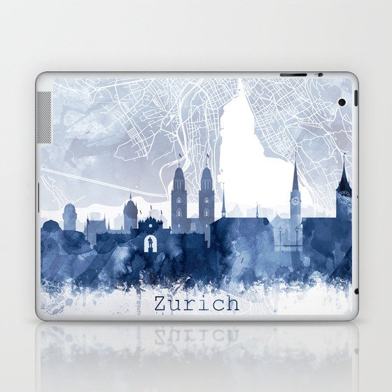 Zurich Skyline & Map Watercolor Navy Blue, Print by Zouzounio Art Laptop & iPad Skin