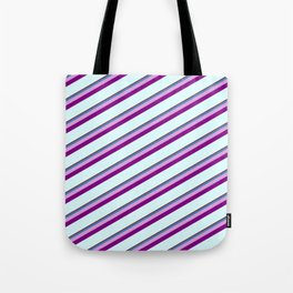 [ Thumbnail: Dark Red, Blue, Plum, Purple & Light Cyan Colored Stripes/Lines Pattern Tote Bag ]