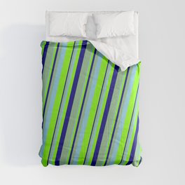 [ Thumbnail: Sky Blue, Chartreuse, Blue & Dark Sea Green Colored Lines Pattern Comforter ]