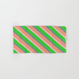 [ Thumbnail: Light Slate Gray, Dark Salmon, Pink, and Lime Green Colored Lined Pattern Hand & Bath Towel ]
