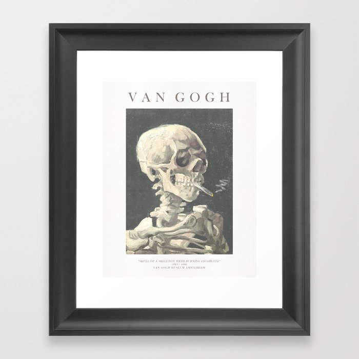 Vincent Van Gogh - Skull of a skeleton with burning cigarette (version with text & dark background) Framed Art Print