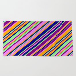 [ Thumbnail: Colorful Light Green, Purple, Violet, Orange & Dark Blue Colored Lines/Stripes Pattern Beach Towel ]