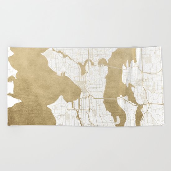 Seattle White and Gold Map Beach Towel