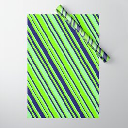 [ Thumbnail: Midnight Blue, Green & Chartreuse Colored Lined/Striped Pattern Wrapping Paper ]