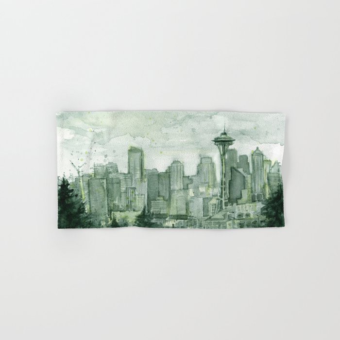 Seattle Skyline Watercolor Space Needle Emerald City 12th Man Art Hand & Bath Towel