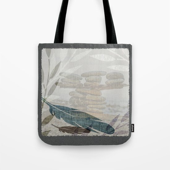 Zen Stacked Rocks on Beach Graphic Feathers and Branches Tote Bag