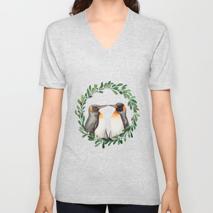 Watercolor Painting Kissing Penguins in Mistletoe Wreath for Valentine's Day, Christmas V Neck T Shirt