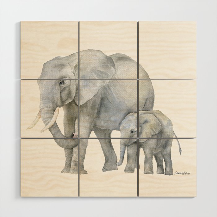 Mother and Baby Elephants Wood Wall Art