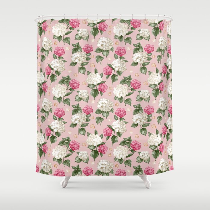 Vintage blush pink white hortensia floral illustration Shower Curtain