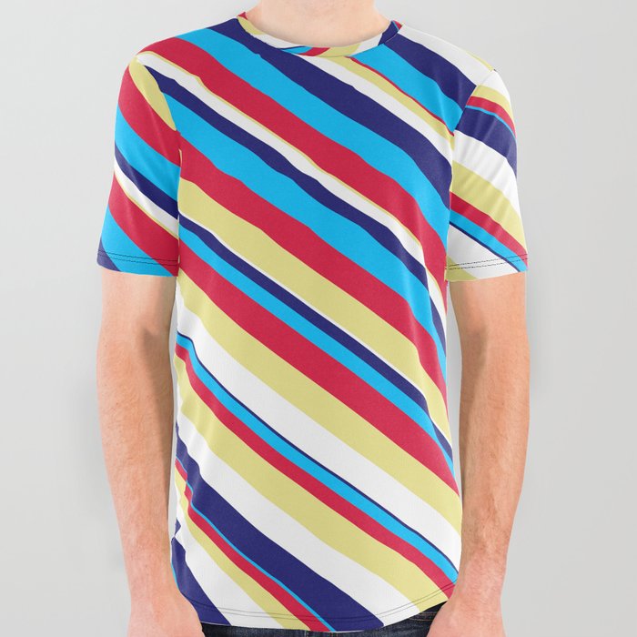 Eyecatching Midnight Blue, Deep Sky Blue, Crimson, Tan, and White Colored Lined Pattern All Over Graphic Tee