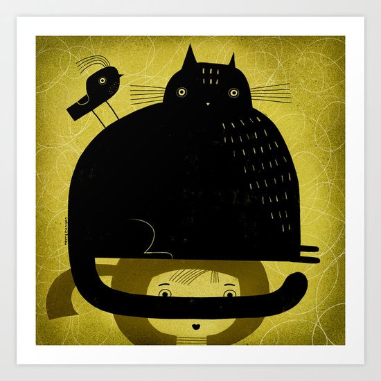 BLACK CAT AND BIRD ON HED Art Print