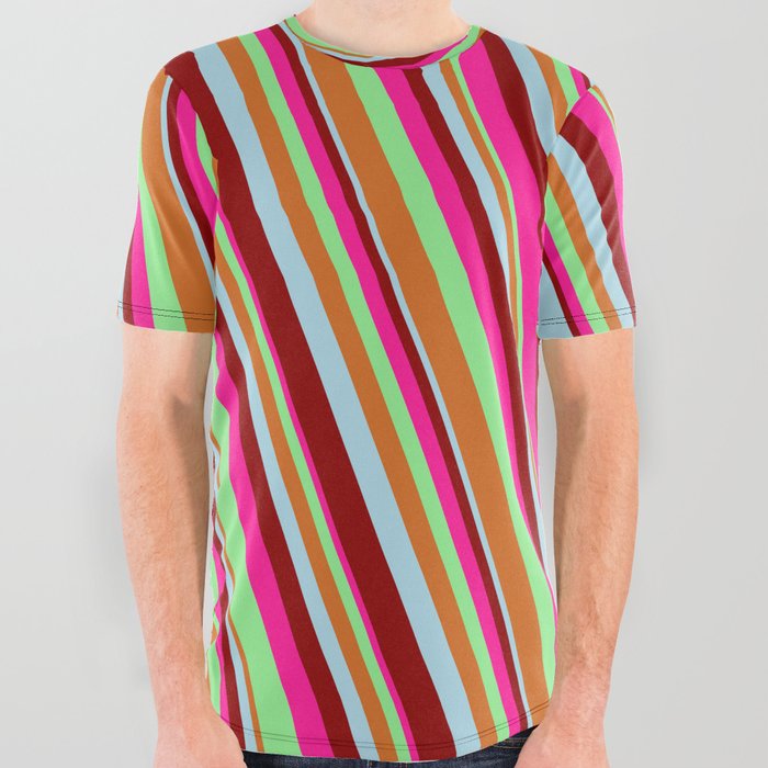 Eye-catching Deep Pink, Light Green, Chocolate, Light Blue & Dark Red Colored Lines/Stripes Pattern All Over Graphic Tee