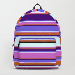 [ Thumbnail: Colorful Chocolate, Indigo, Medium Slate Blue, Light Cyan, and Orchid Colored Stripes Pattern Backpack ]