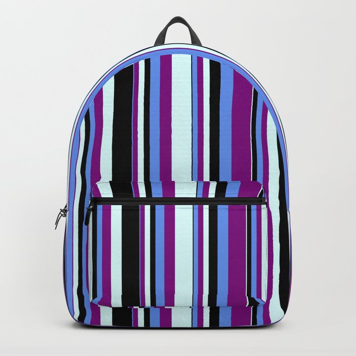 Cornflower Blue, Purple, Light Cyan, and Black Colored Stripes Pattern Backpack