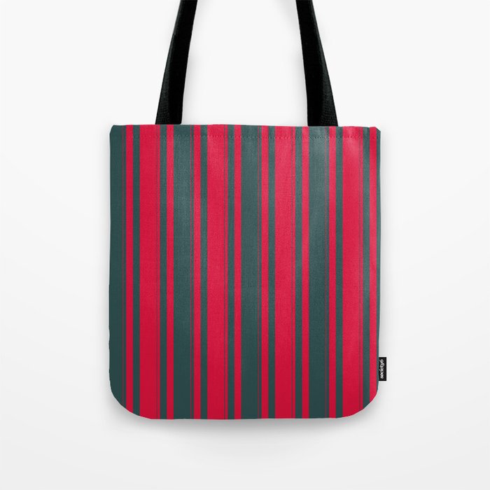 Dark Slate Gray & Crimson Colored Striped/Lined Pattern Tote Bag