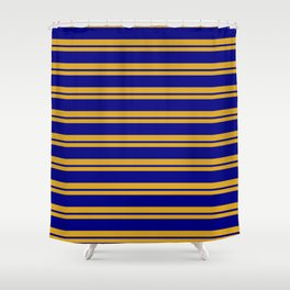 [ Thumbnail: Goldenrod & Blue Colored Striped/Lined Pattern Shower Curtain ]