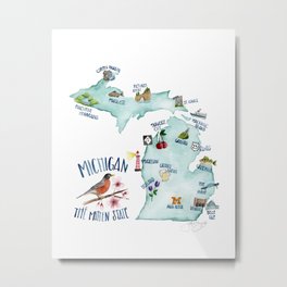 Watercolor Michigan Map Metal Print | Explore, Watercolor, Typography, Pop Art, Handdrawn, Lighthouses, Mittenstate, Holland, Travel, Mackinac 