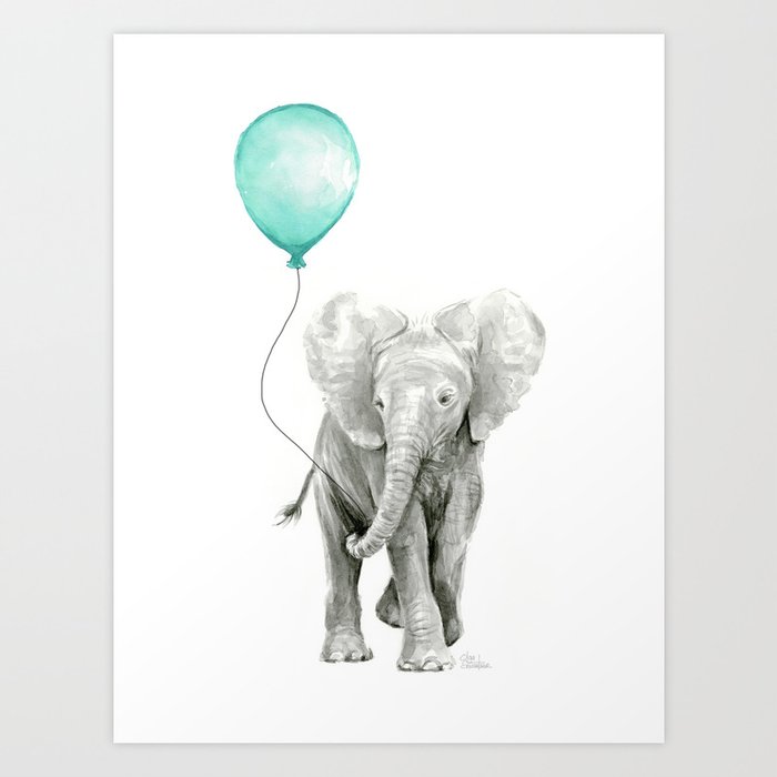 Baby Elephant with Aqua Balloon Art Print