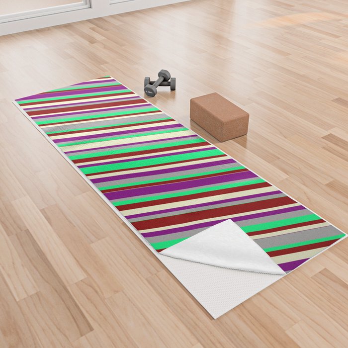 Colorful Dark Gray, Green, Dark Red, Light Yellow, and Purple Colored Lined/Striped Pattern Yoga Towel