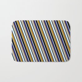 [ Thumbnail: Eyecatching Dark Goldenrod, Grey, Black, Light Cyan, and Midnight Blue Colored Stripes/Lines Pattern Bath Mat ]