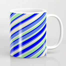 [ Thumbnail: Light Green, Blue, Royal Blue & Beige Colored Striped/Lined Pattern Coffee Mug ]