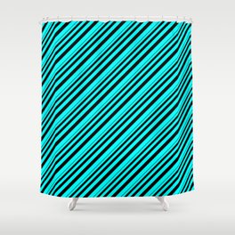 [ Thumbnail: Black and Cyan Colored Stripes Pattern Shower Curtain ]