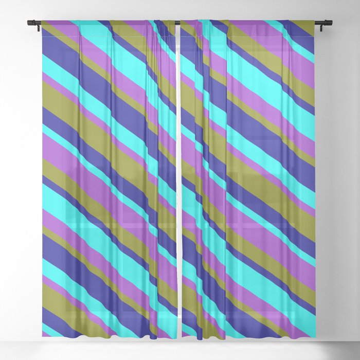 Aqua, Dark Orchid, Green, and Dark Blue Colored Stripes/Lines Pattern Sheer Curtain