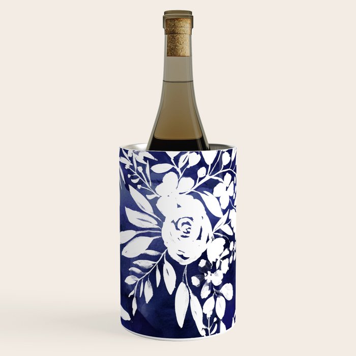 Elegant navy blue watercolor floral white pattern Wine Chiller by Girly Trend by Audrey Chenal