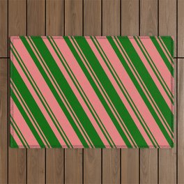 [ Thumbnail: Light Coral and Dark Green Colored Lines Pattern Outdoor Rug ]