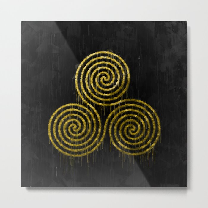 Golden Triple Spiral And Paint Drips On Black Background Metal Print