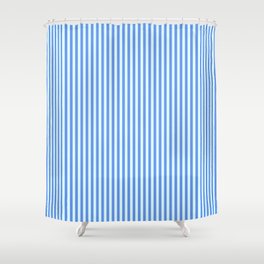 [ Thumbnail: Cornflower Blue & Light Cyan Colored Lines/Stripes Pattern Shower Curtain ]
