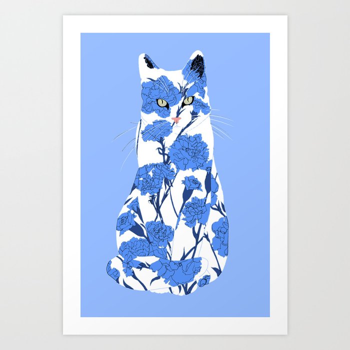 Porcelain Cat with Blue and White Florals Art Print