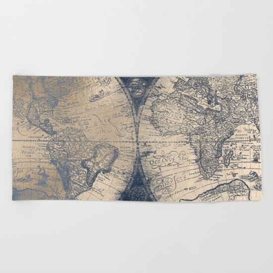 Antique World Map White Gold Navy Blue by Nature Magick Beach Towel