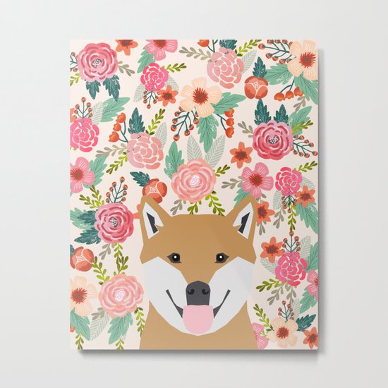 Shiba Inu florals spring summer bright girly hipster dog meme shiba ink puppy pet portraits Metal Print