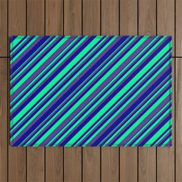 [ Thumbnail: Green, Dark Slate Blue & Dark Blue Colored Lined/Striped Pattern Outdoor Rug ]