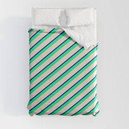 [ Thumbnail: Dark Blue, Green & Beige Colored Lines/Stripes Pattern Duvet Cover ]