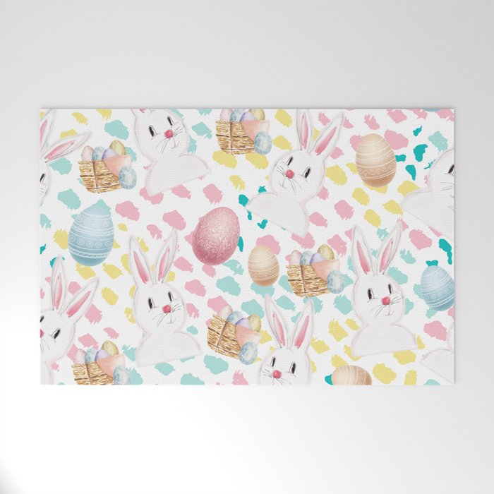 Easter Bunny And Eggs On Acrylic Paint Dots Pattern  Welcome Mat