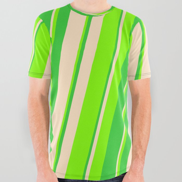 Bisque, Chartreuse, and Lime Green Colored Striped Pattern All Over Graphic Tee