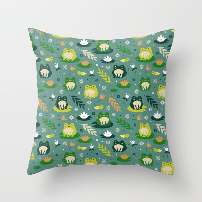 Cute little frogs pond pattern Throw Pillow