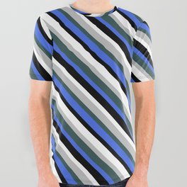 [ Thumbnail: Vibrant Grey, Dark Slate Gray, Royal Blue, Black & White Colored Lines Pattern All Over Graphic Tee ]