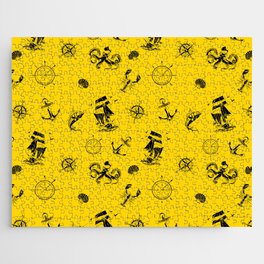 Yellow And Black Silhouettes Of Vintage Nautical Pattern Jigsaw Puzzle