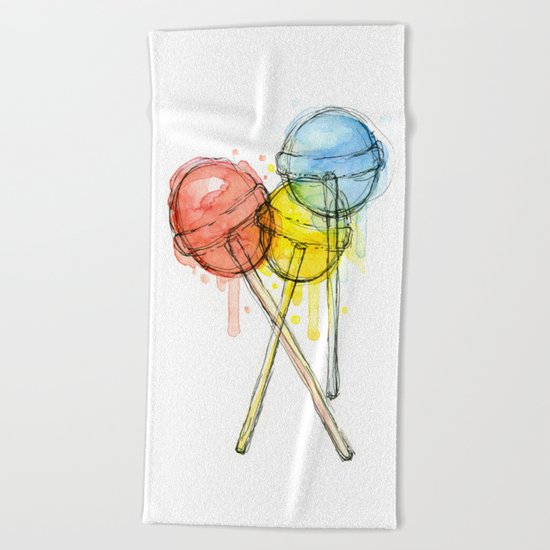 Lollipop Red Blue Yellow Candy Food Watercolor Beach Towel