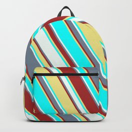 [ Thumbnail: Light Slate Gray, Brown, Tan, Aqua, and Mint Cream Colored Lined Pattern Backpack ]
