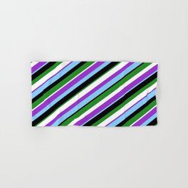 [ Thumbnail: Dark Orchid, Light Sky Blue, Black, Forest Green, and White Colored Lines Pattern Hand & Bath Towel ]
