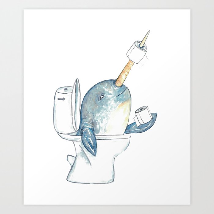 Narwhal in the bathroom painting watercolour Art Print