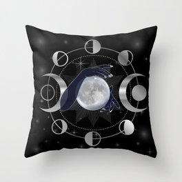 Full moon with triple goddess symbol in hands of  woman Throw Pillow